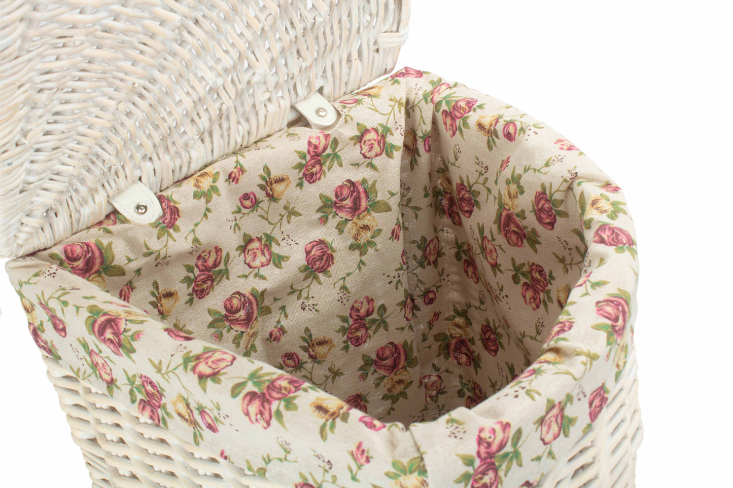 SMALL CORNER WHITE WASH LAUNDRY HAMPER with GARDEN ROSE LINING