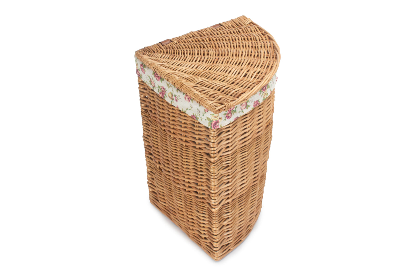 SMALL LIGHT STEAMED CORNER LINEN BASKET with GARDEN ROSE LINING