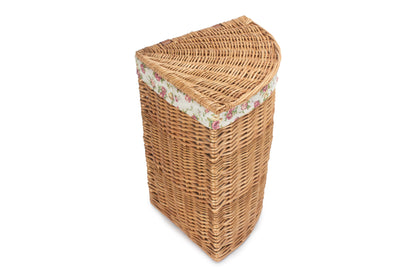 SMALL LIGHT STEAMED CORNER LINEN BASKET with GARDEN ROSE LINING
