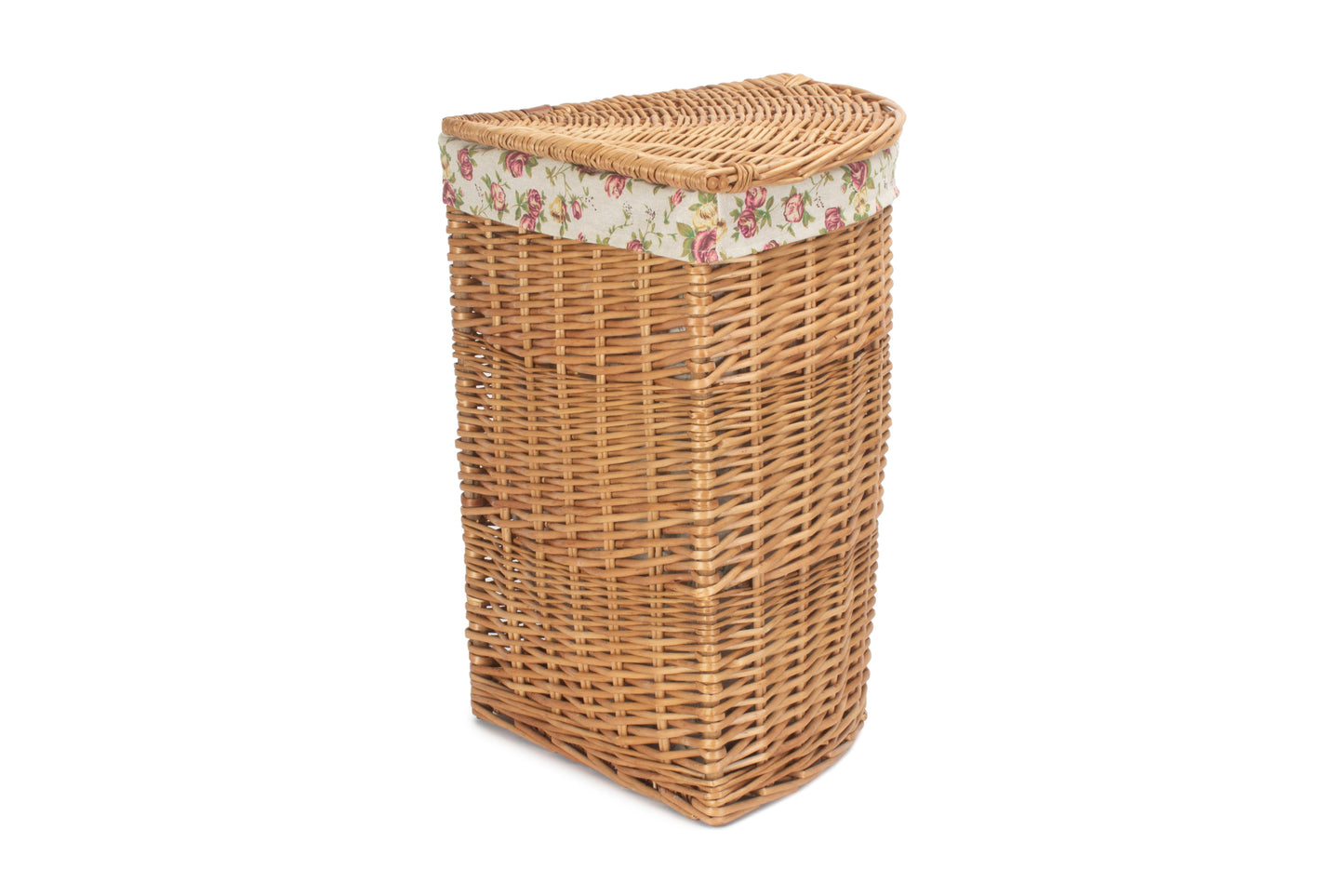 SMALL LIGHT STEAMED CORNER LINEN BASKET with GARDEN ROSE LINING
