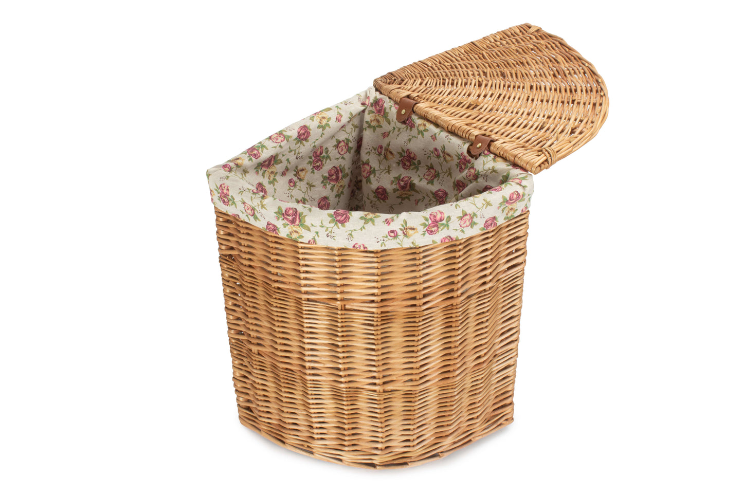 SMALL LIGHT STEAMED CORNER LINEN BASKET with GARDEN ROSE LINING