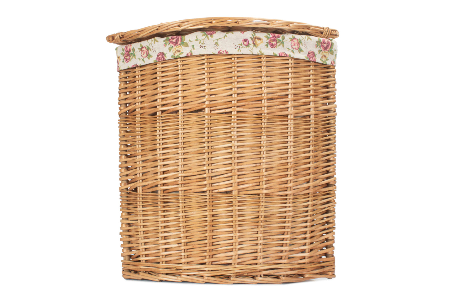 SMALL LIGHT STEAMED CORNER LINEN BASKET with GARDEN ROSE LINING