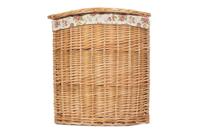 SMALL LIGHT STEAMED CORNER LINEN BASKET with GARDEN ROSE LINING