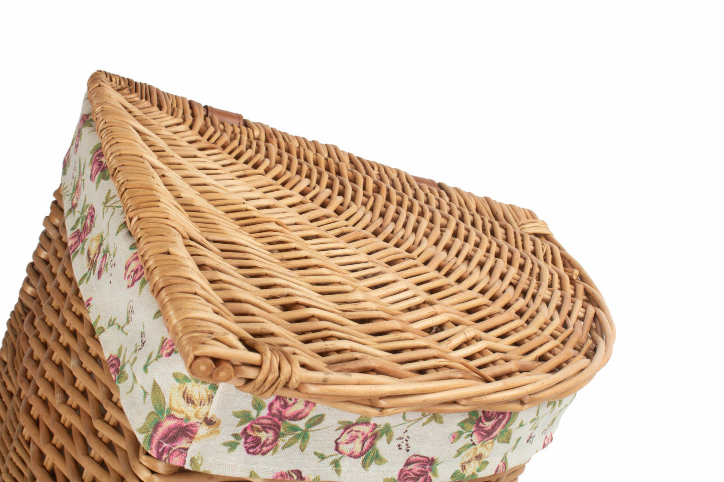 SMALL LIGHT STEAMED CORNER LINEN BASKET with GARDEN ROSE LINING