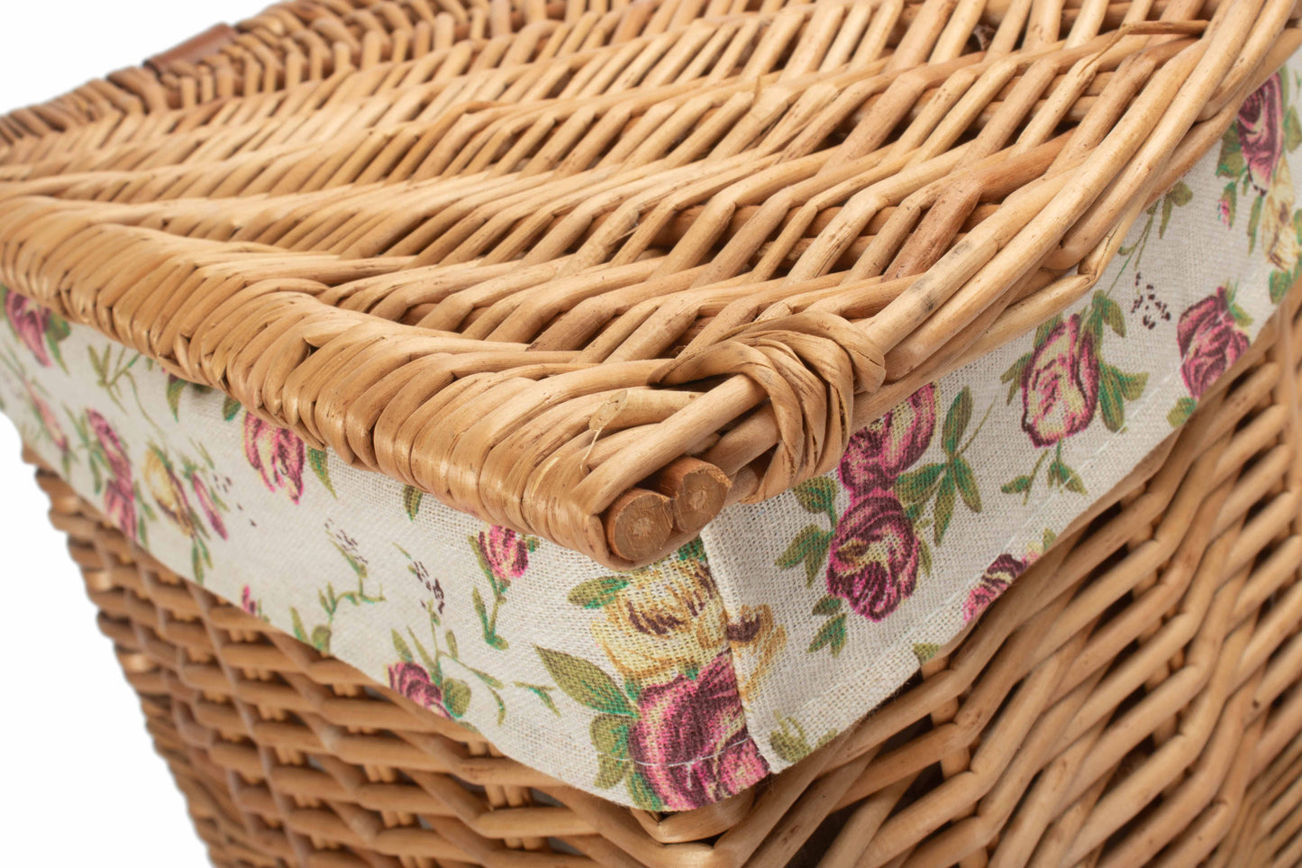 SMALL LIGHT STEAMED CORNER LINEN BASKET with GARDEN ROSE LINING