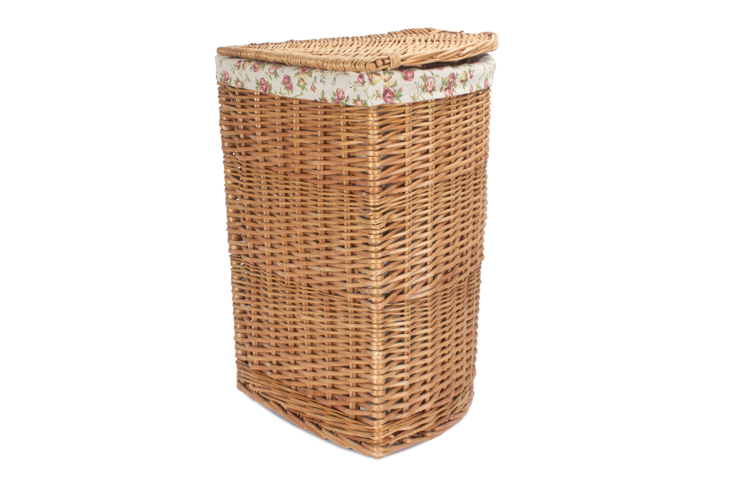 LARGE LIGHT STEAMED CORNER LINEN BASKET with GARDEN ROSE LINING