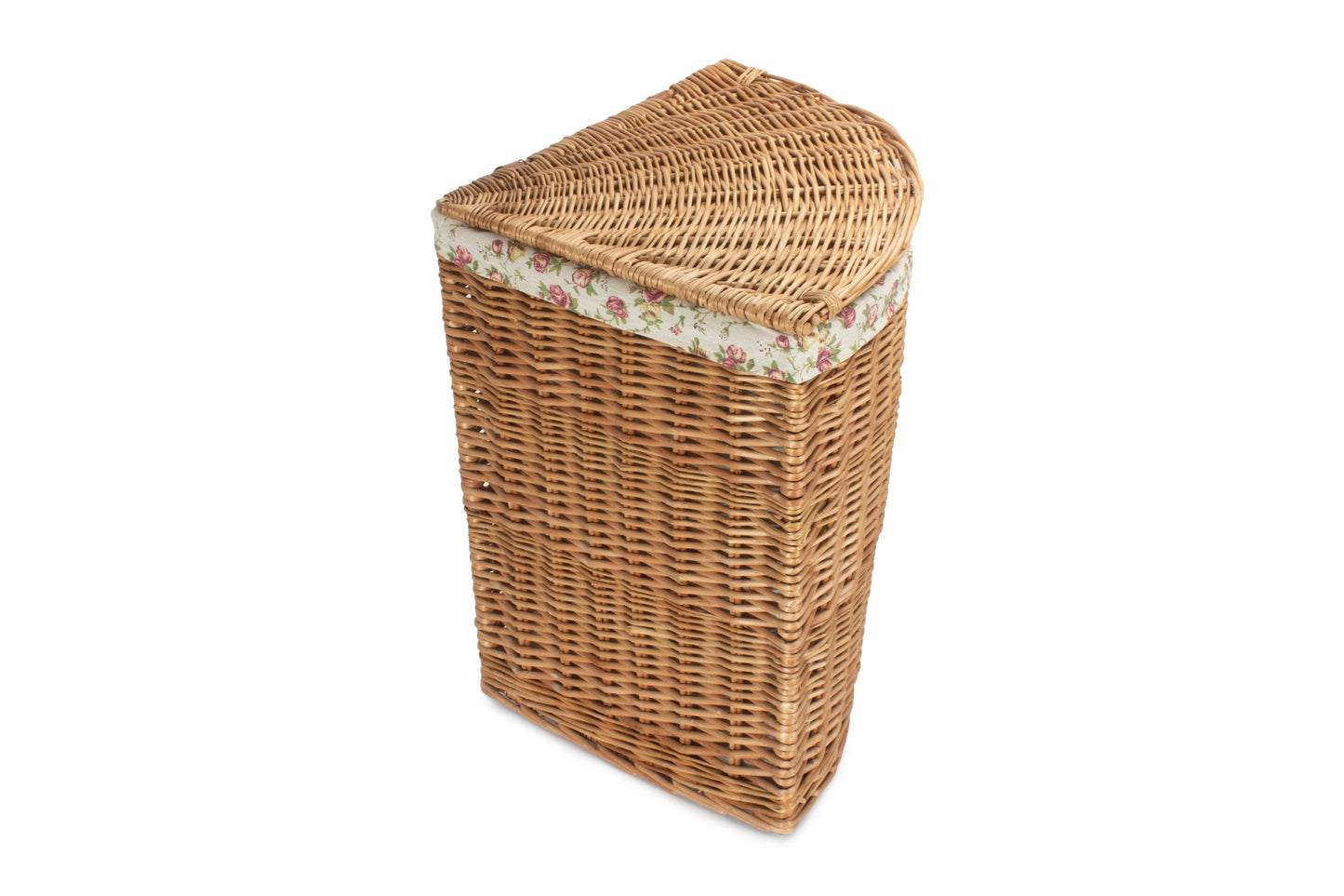 LARGE LIGHT STEAMED CORNER LINEN BASKET with GARDEN ROSE LINING