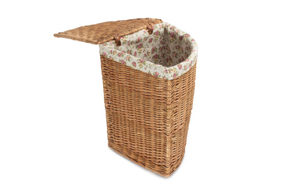 LARGE LIGHT STEAMED CORNER LINEN BASKET with GARDEN ROSE LINING