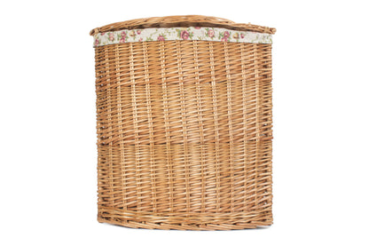 LARGE LIGHT STEAMED CORNER LINEN BASKET with GARDEN ROSE LINING