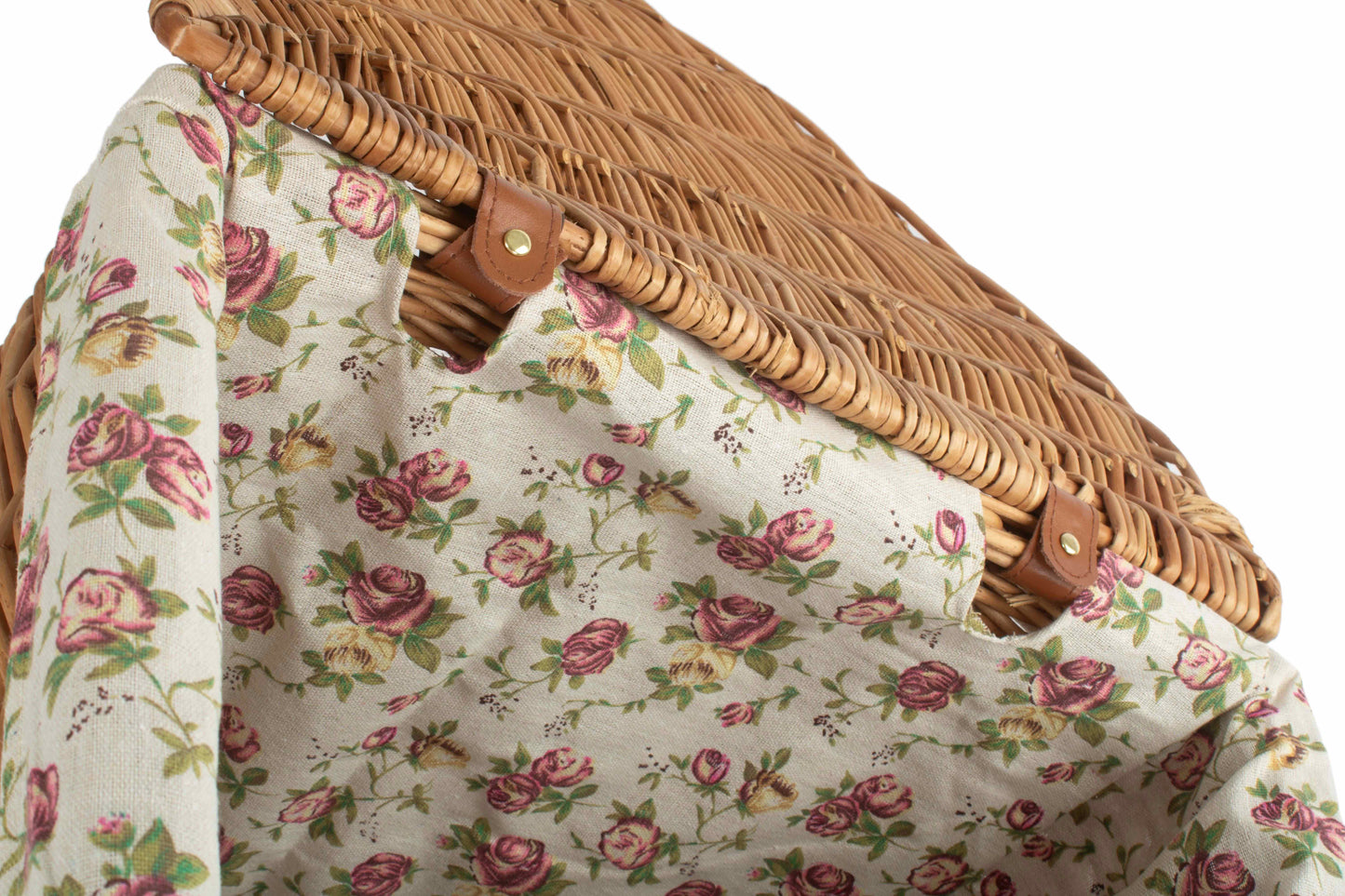 LARGE LIGHT STEAMED CORNER LINEN BASKET with GARDEN ROSE LINING