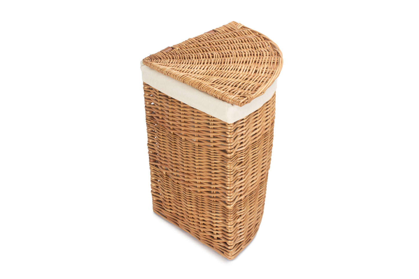 SMALL LIGHT STEAMED CORNER LINEN BASKET with WHITE LINING