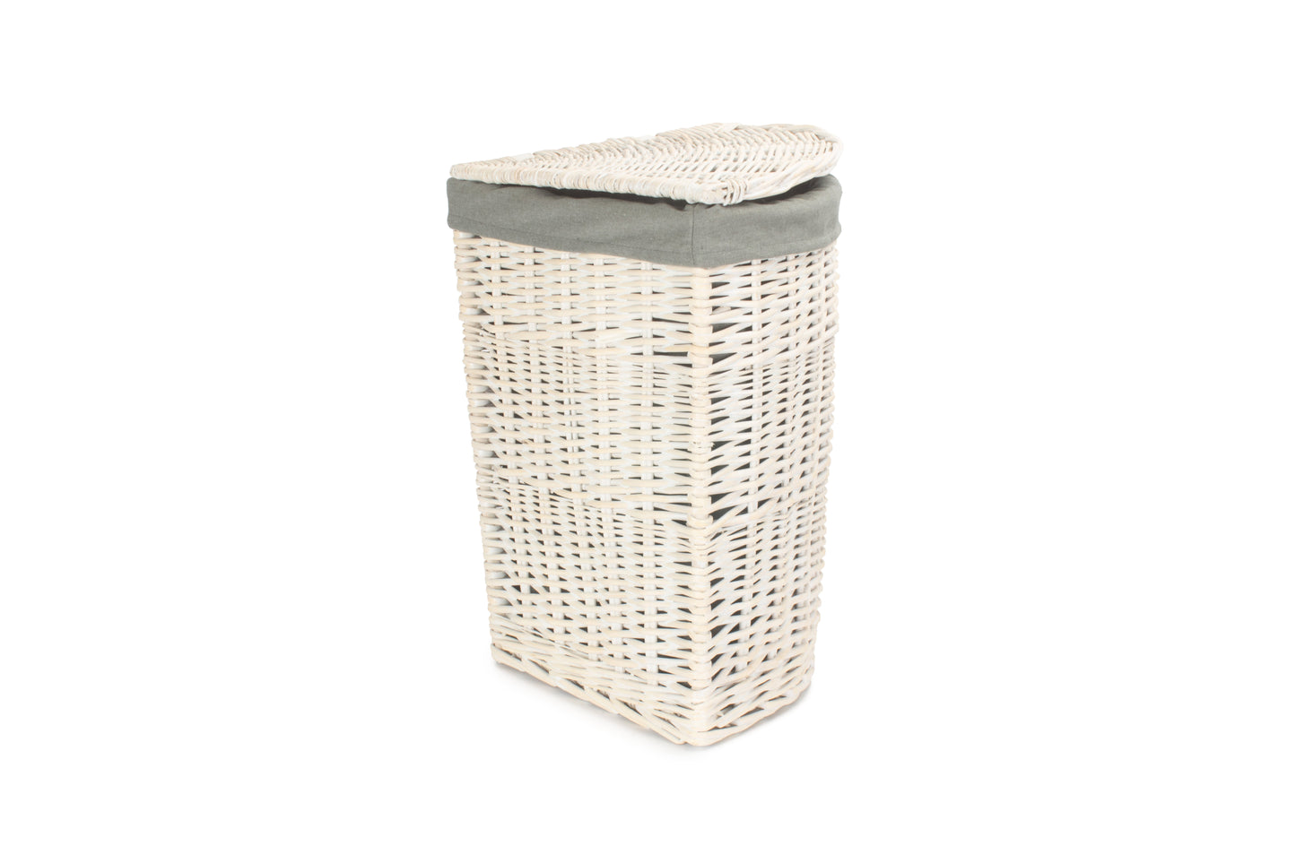 SMALL CORNER WHITE WASH LAUNDRY HAMPER wih GREY SAGE LINING