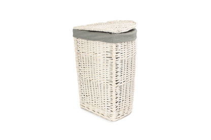 SMALL CORNER WHITE WASH LAUNDRY HAMPER wih GREY SAGE LINING