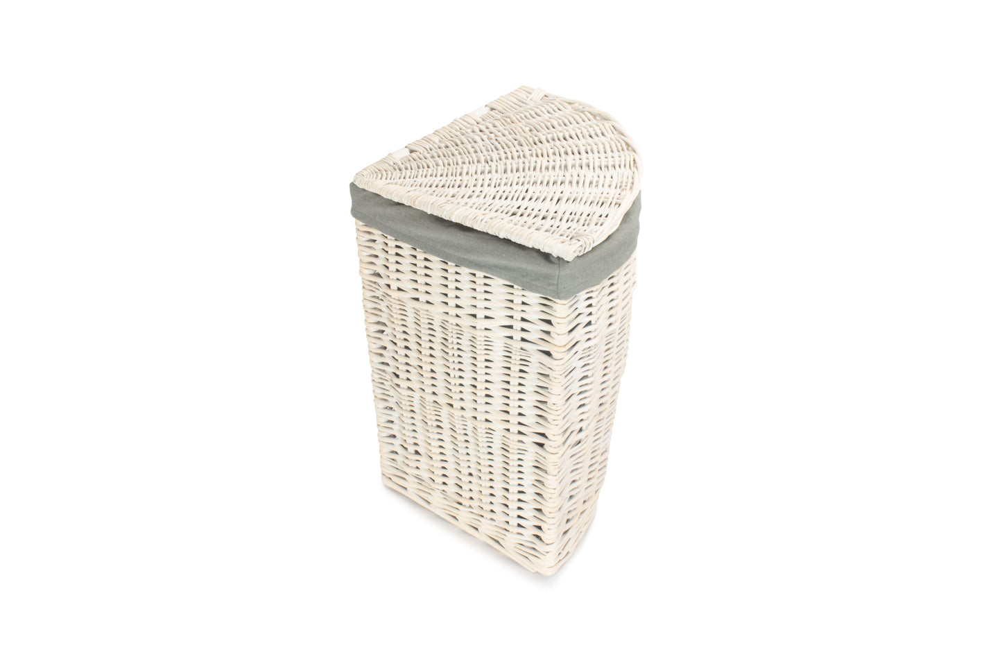 SMALL CORNER WHITE WASH LAUNDRY HAMPER wih GREY SAGE LINING