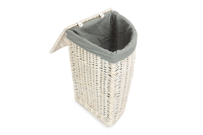 SMALL CORNER WHITE WASH LAUNDRY HAMPER wih GREY SAGE LINING