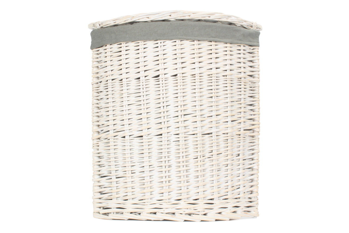 SMALL CORNER WHITE WASH LAUNDRY HAMPER wih GREY SAGE LINING