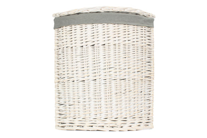 SMALL CORNER WHITE WASH LAUNDRY HAMPER wih GREY SAGE LINING