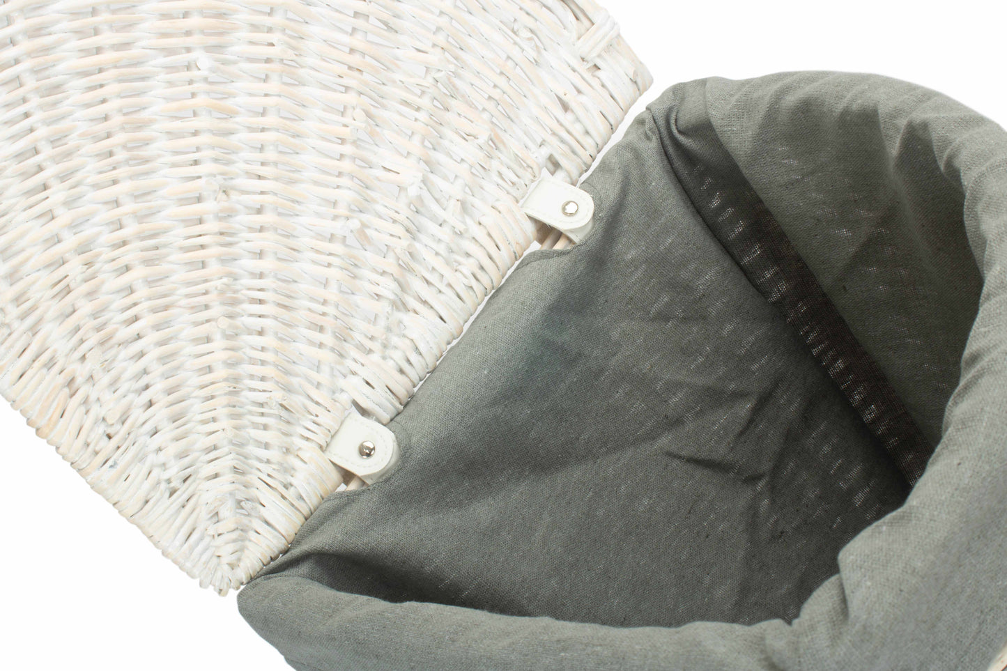 SMALL CORNER WHITE WASH LAUNDRY HAMPER wih GREY SAGE LINING