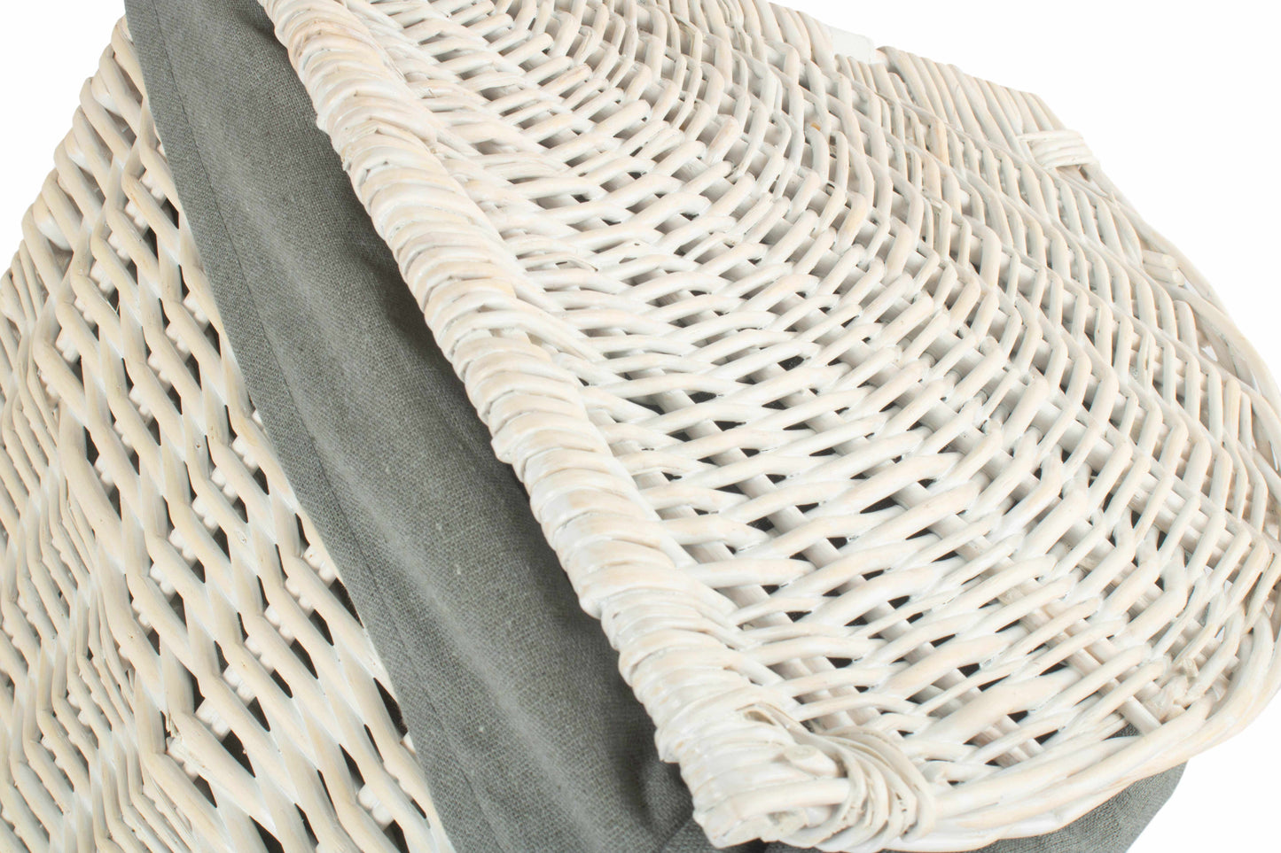 SMALL CORNER WHITE WASH LAUNDRY HAMPER wih GREY SAGE LINING