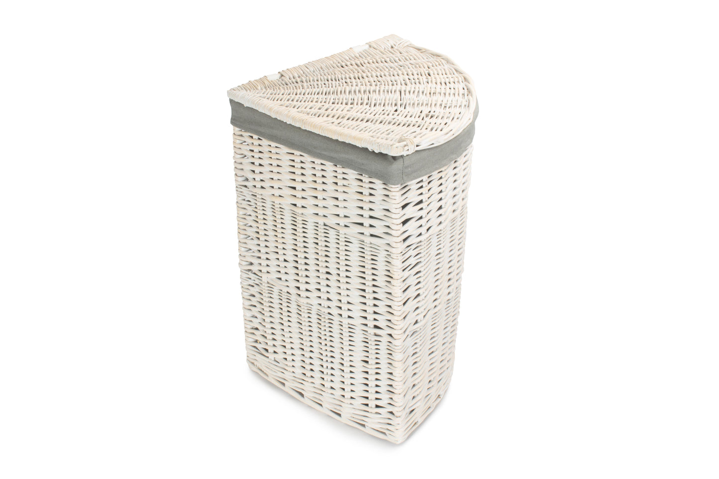 LARGE CORNER WHITE WASH LAUNDRY HAMPER with GREY SAGE LINING