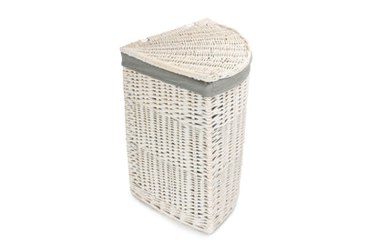 LARGE CORNER WHITE WASH LAUNDRY HAMPER with GREY SAGE LINING
