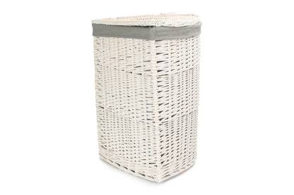 LARGE CORNER WHITE WASH LAUNDRY HAMPER with GREY SAGE LINING