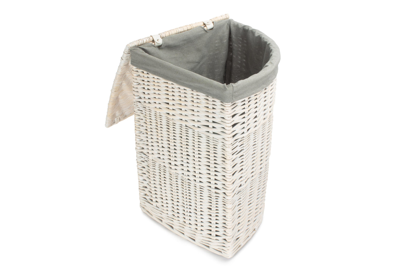 LARGE CORNER WHITE WASH LAUNDRY HAMPER with GREY SAGE LINING