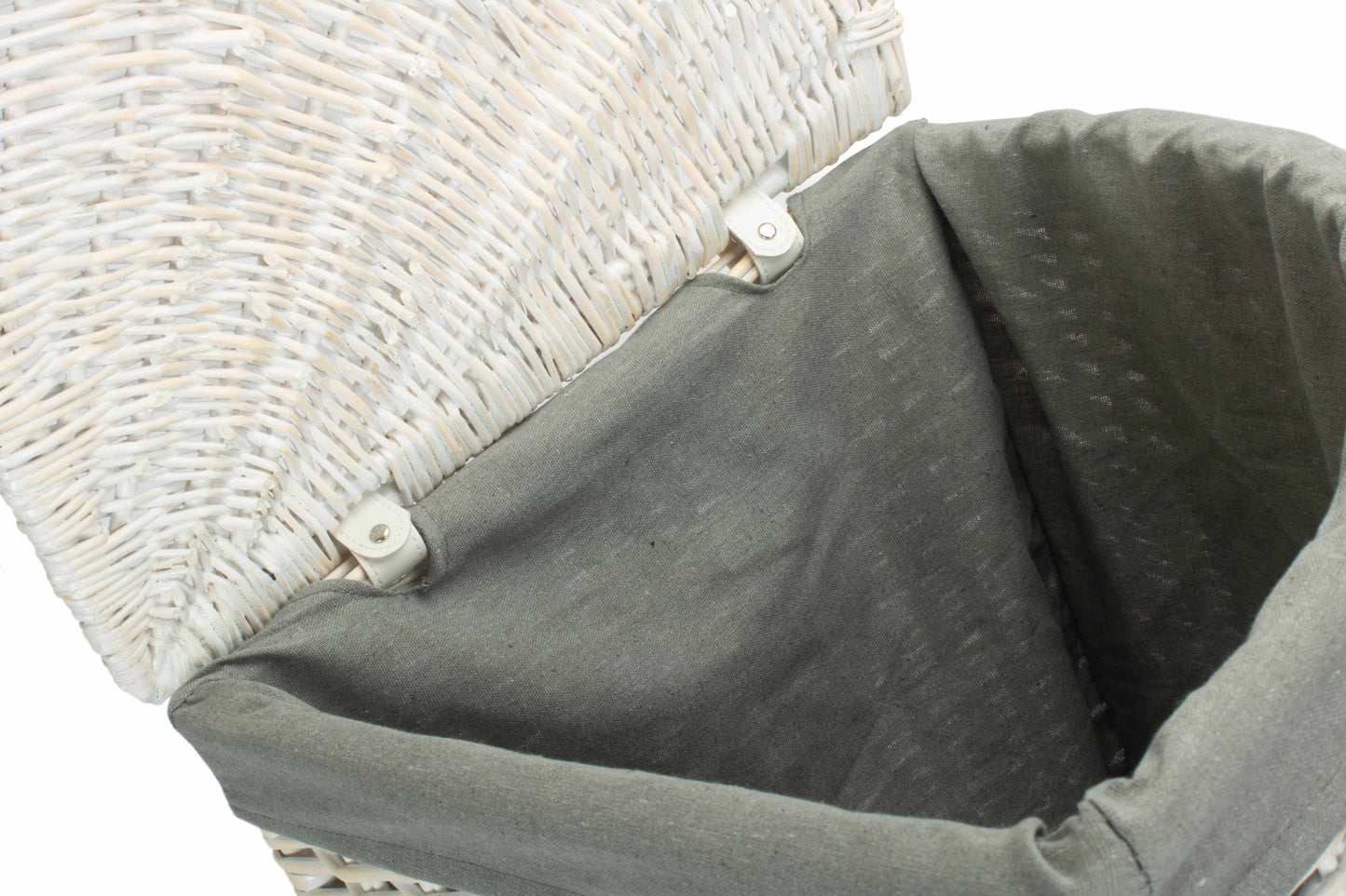 LARGE CORNER WHITE WASH LAUNDRY HAMPER with GREY SAGE LINING