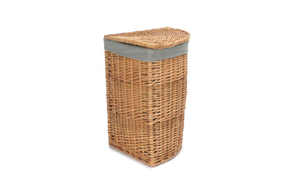 SMALL LIGHT STEAMED CORNER LINEN BASKET with GREY SAGE LINING
