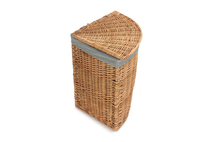 SMALL LIGHT STEAMED CORNER LINEN BASKET with GREY SAGE LINING