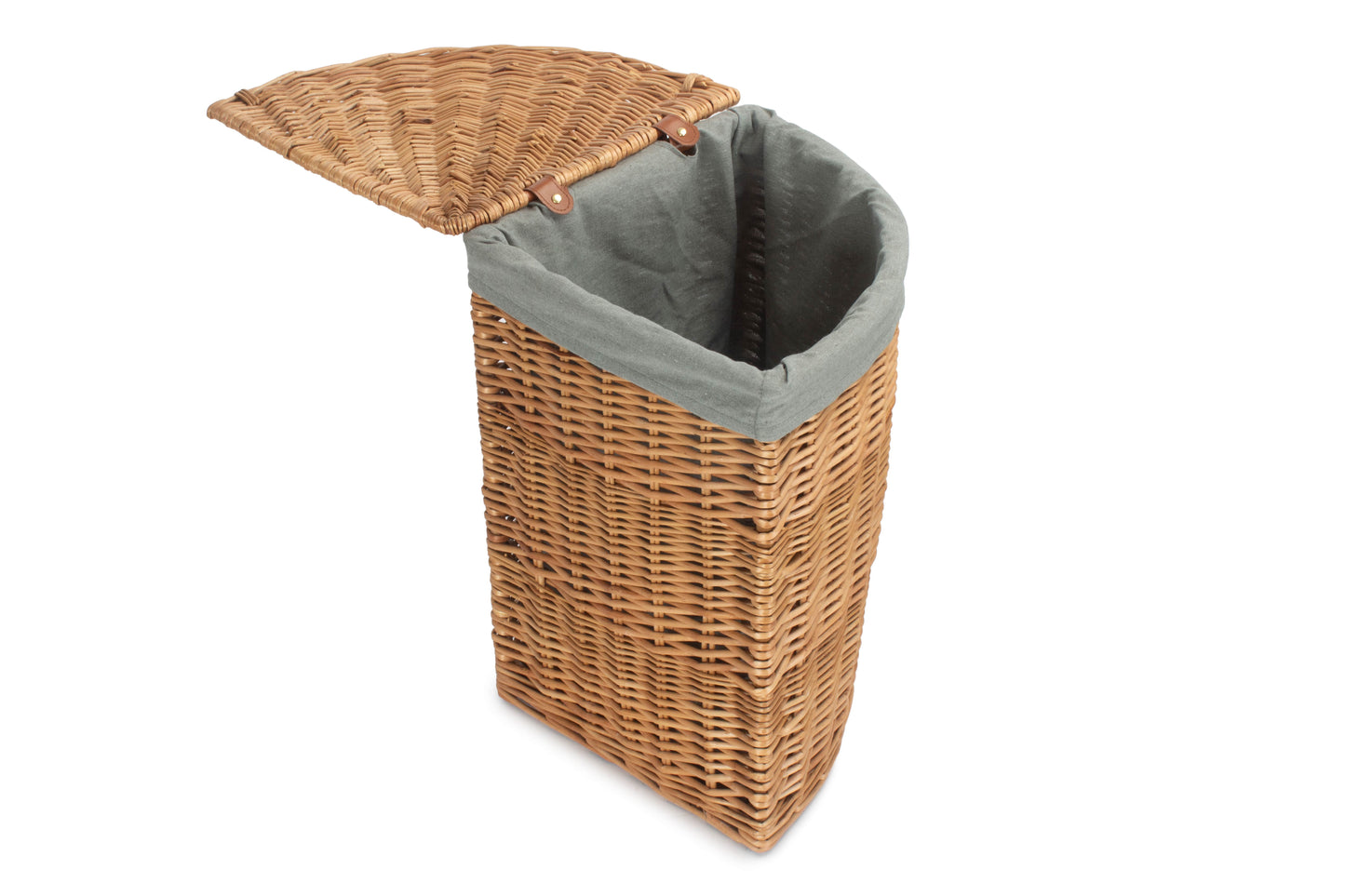 SMALL LIGHT STEAMED CORNER LINEN BASKET with GREY SAGE LINING