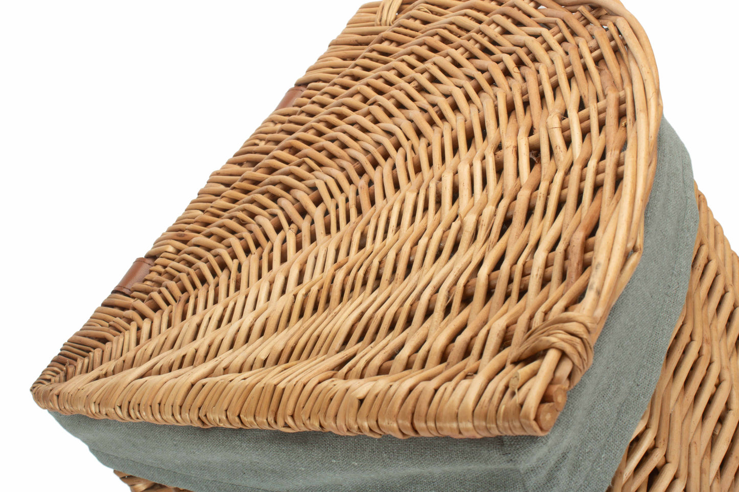 SMALL LIGHT STEAMED CORNER LINEN BASKET with GREY SAGE LINING