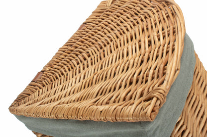SMALL LIGHT STEAMED CORNER LINEN BASKET with GREY SAGE LINING