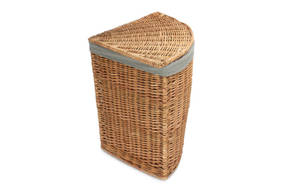 LARGE LIGHT STEAMED CORNER LINEN BASKET with GREY SAGE LINING