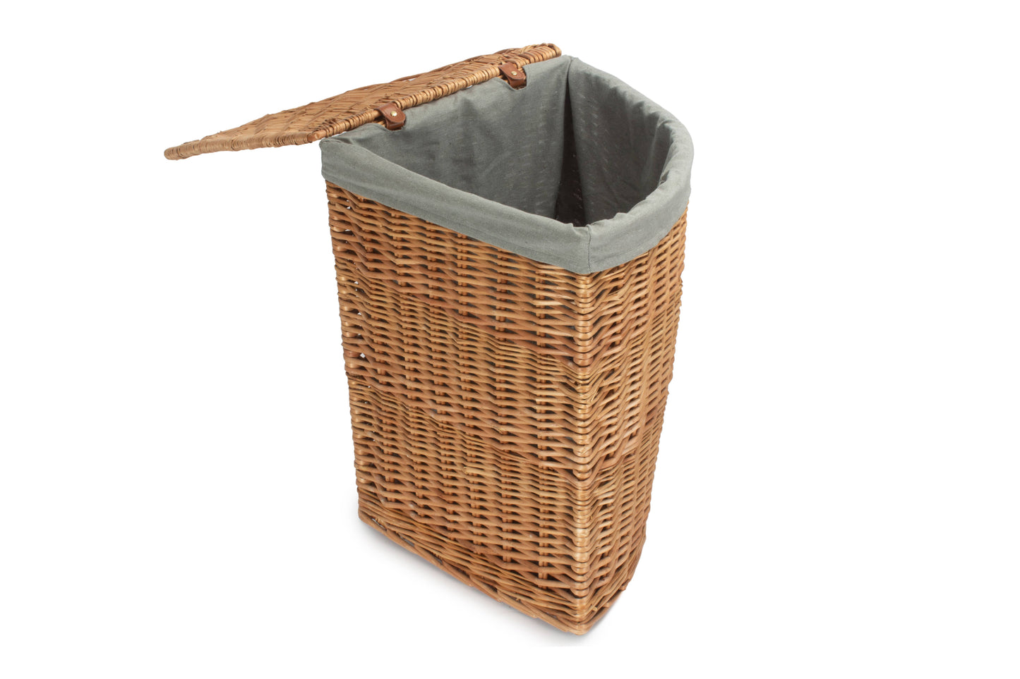 LARGE LIGHT STEAMED CORNER LINEN BASKET with GREY SAGE LINING