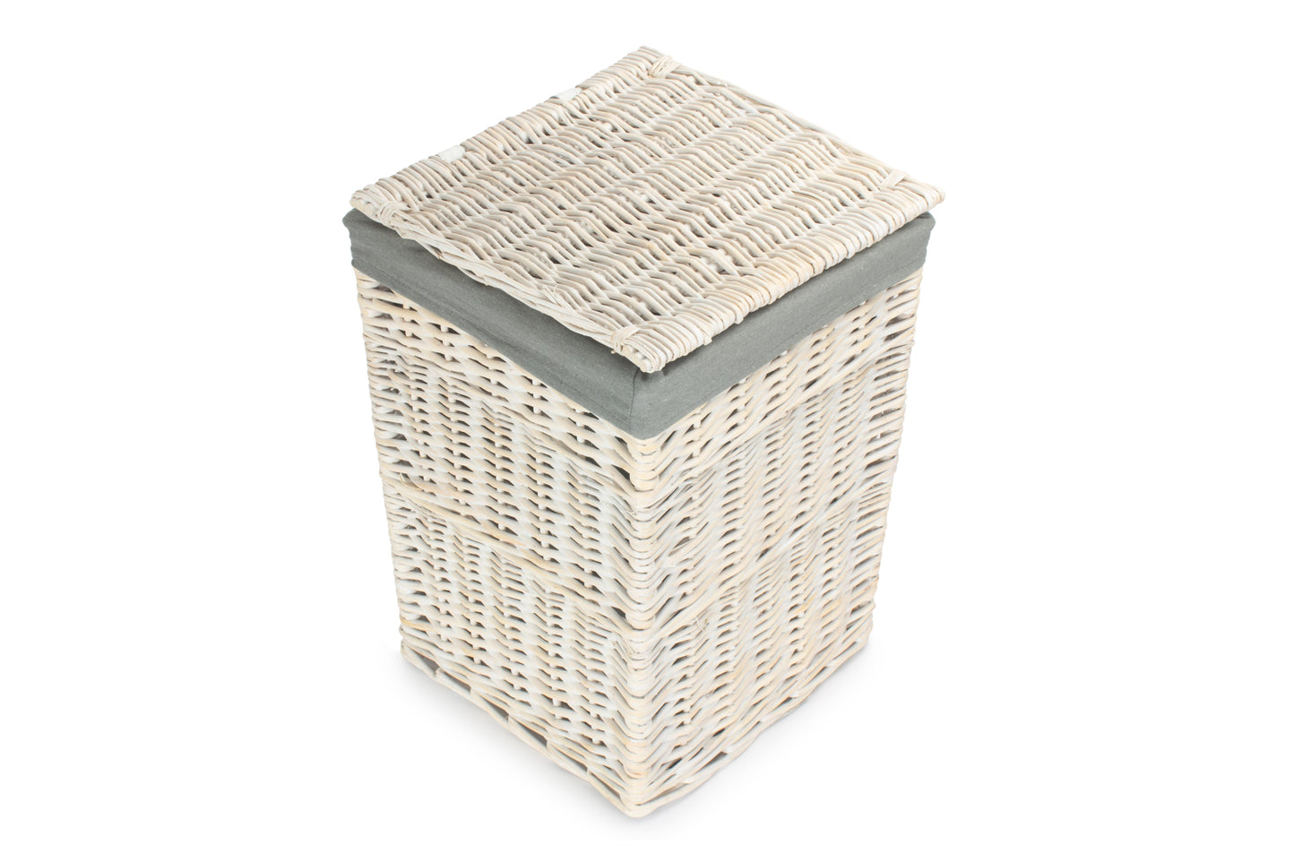 SMALL SQUARE WHITE WASH LAUNDRY HAMPER with GREY SAGE LINING