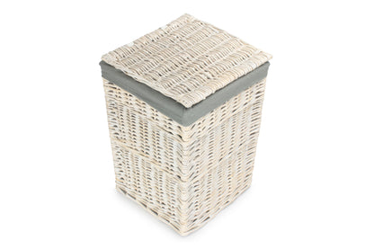 SMALL SQUARE WHITE WASH LAUNDRY HAMPER with GREY SAGE LINING