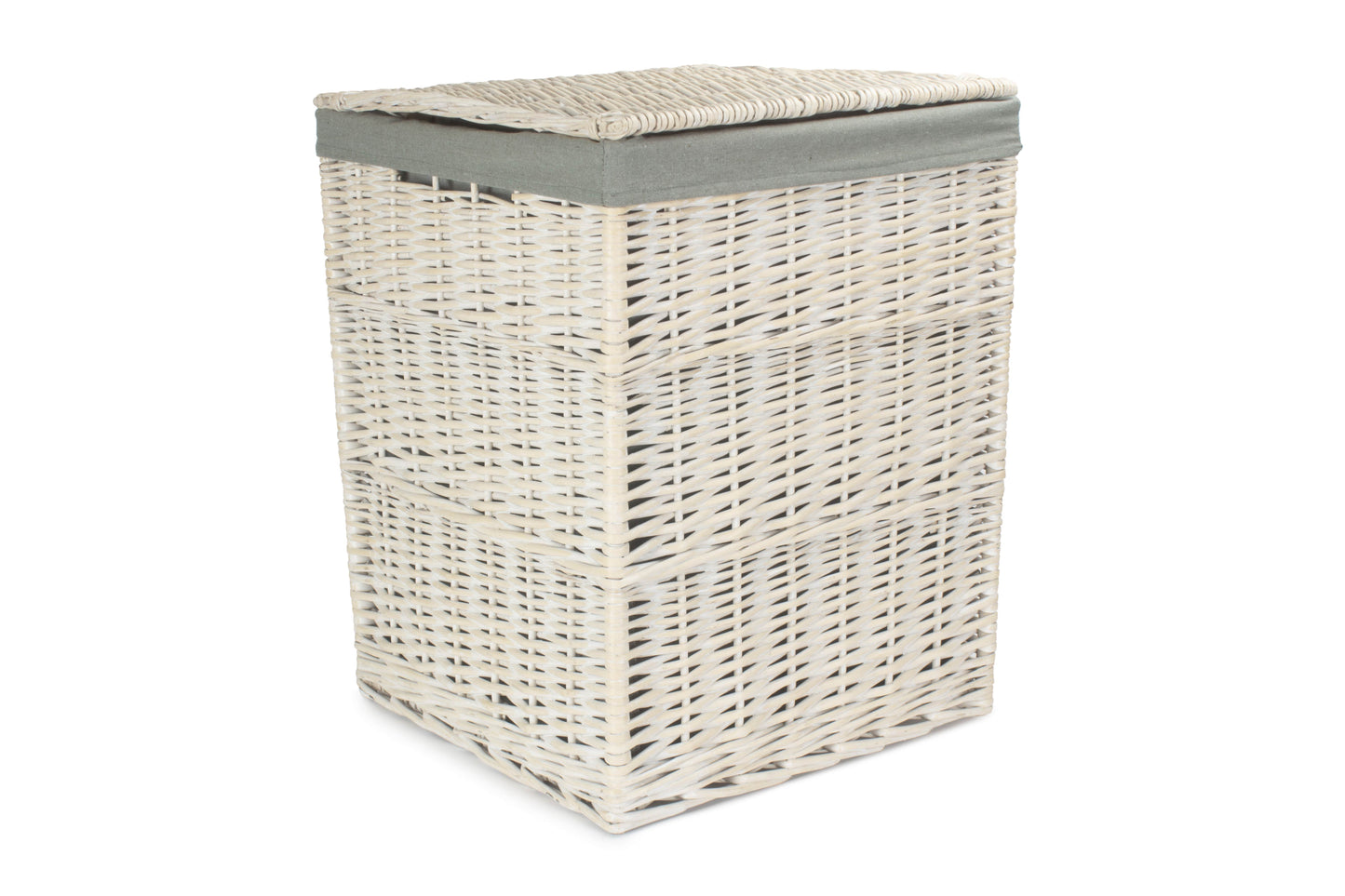 LARGE SQUARE WHITE WASH LAUNDRY HAMPER with GREY SAGE LINING