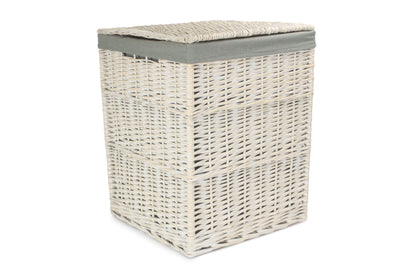 LARGE SQUARE WHITE WASH LAUNDRY HAMPER with GREY SAGE LINING