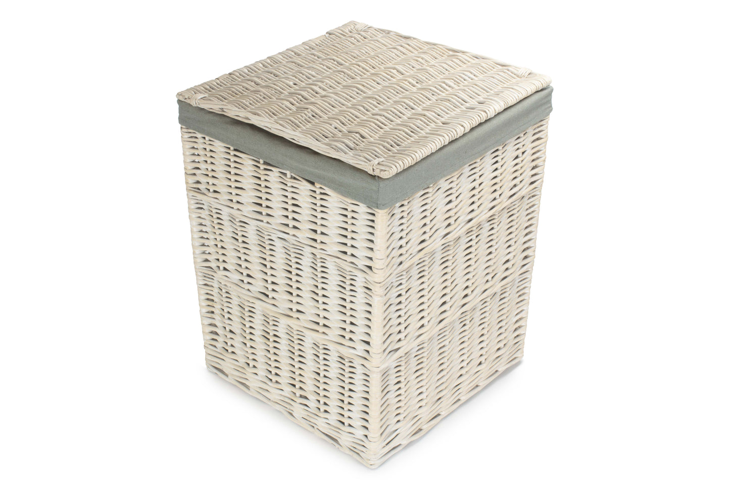 LARGE SQUARE WHITE WASH LAUNDRY HAMPER with GREY SAGE LINING