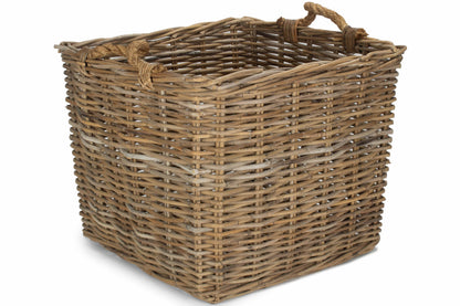 LARGE SQUARE GREY RATTAN LOG BASKET