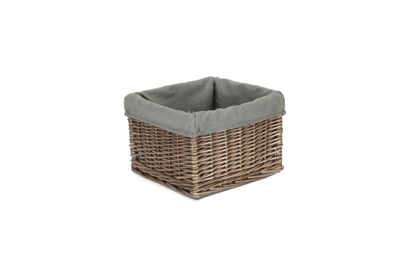 SMALL SQUARE ANTIQUE WASH STORAGE BASKET with GREY SAGE LINING