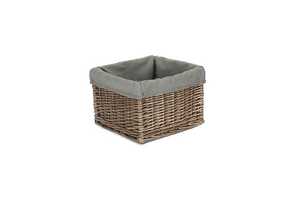 SMALL SQUARE ANTIQUE WASH STORAGE BASKET with GREY SAGE LINING