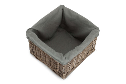 SMALL SQUARE ANTIQUE WASH STORAGE BASKET with GREY SAGE LINING