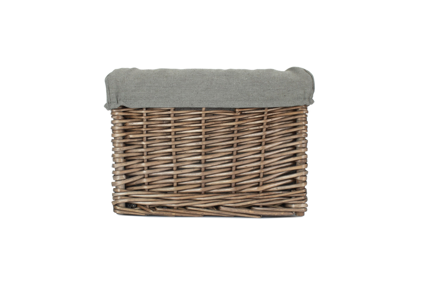 SMALL SQUARE ANTIQUE WASH STORAGE BASKET with GREY SAGE LINING