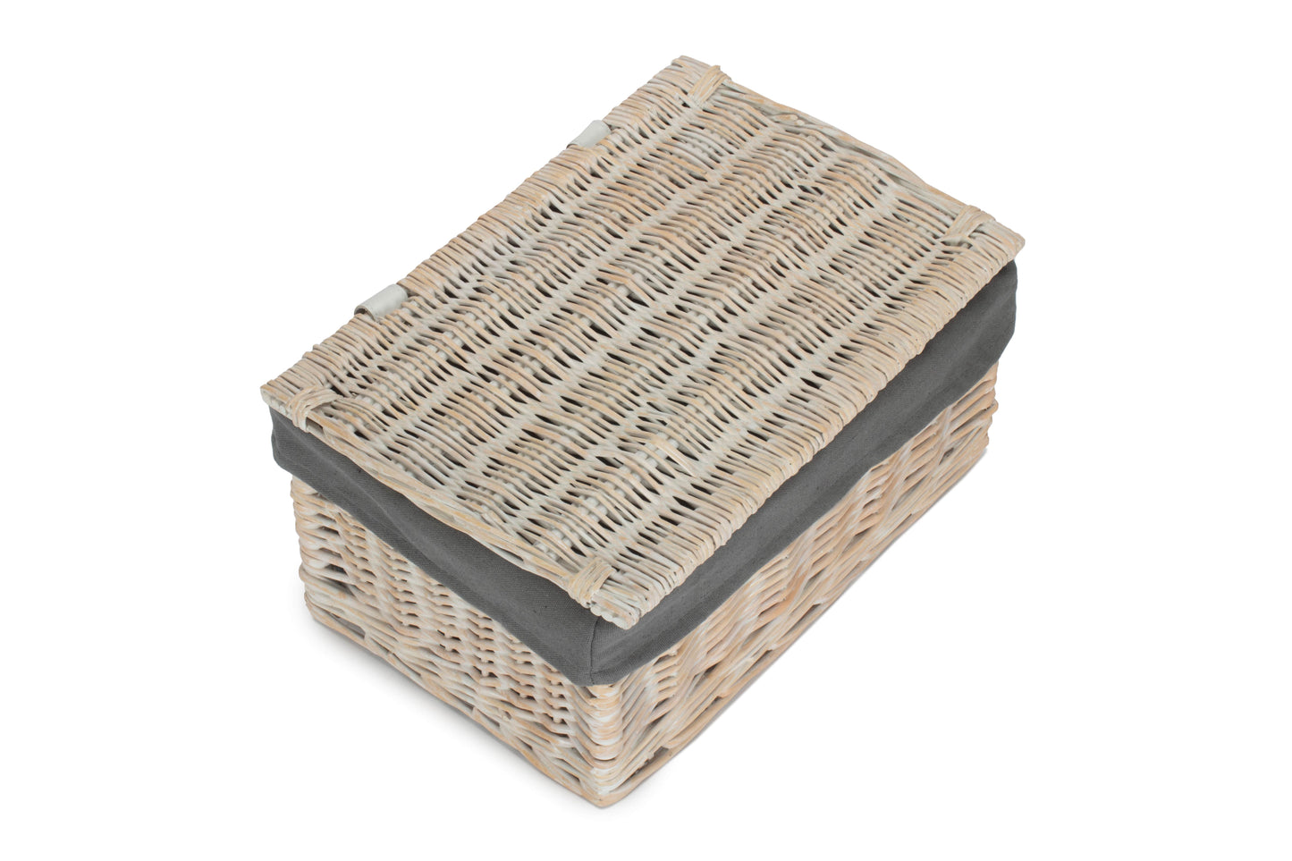 MEDIUM WHITE WASH FINISH STORAGE HAMPER with GREY SAGE LINING