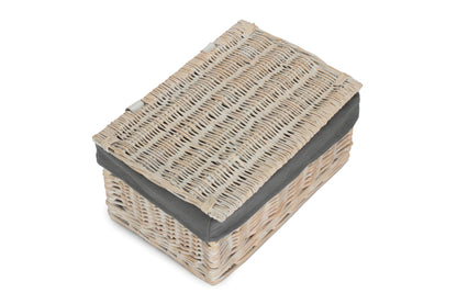 MEDIUM WHITE WASH FINISH STORAGE HAMPER with GREY SAGE LINING