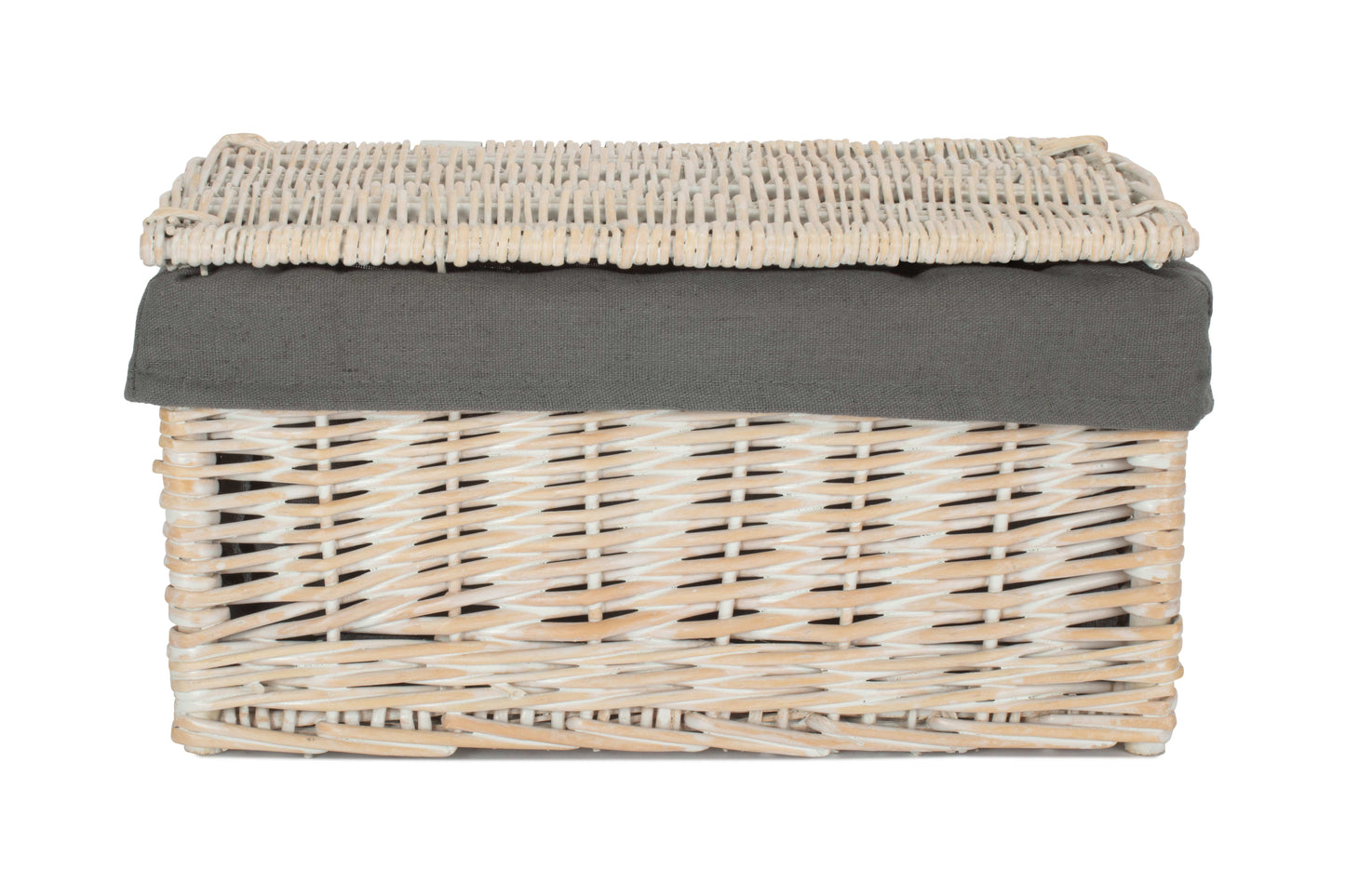 MEDIUM WHITE WASH FINISH STORAGE HAMPER with GREY SAGE LINING