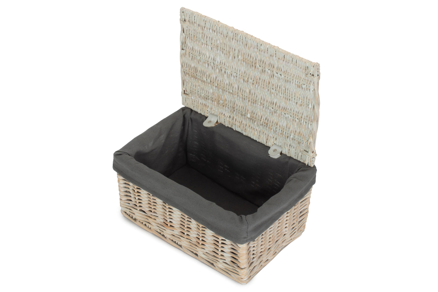 MEDIUM WHITE WASH FINISH STORAGE HAMPER with GREY SAGE LINING