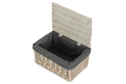 MEDIUM WHITE WASH FINISH STORAGE HAMPER with GREY SAGE LINING